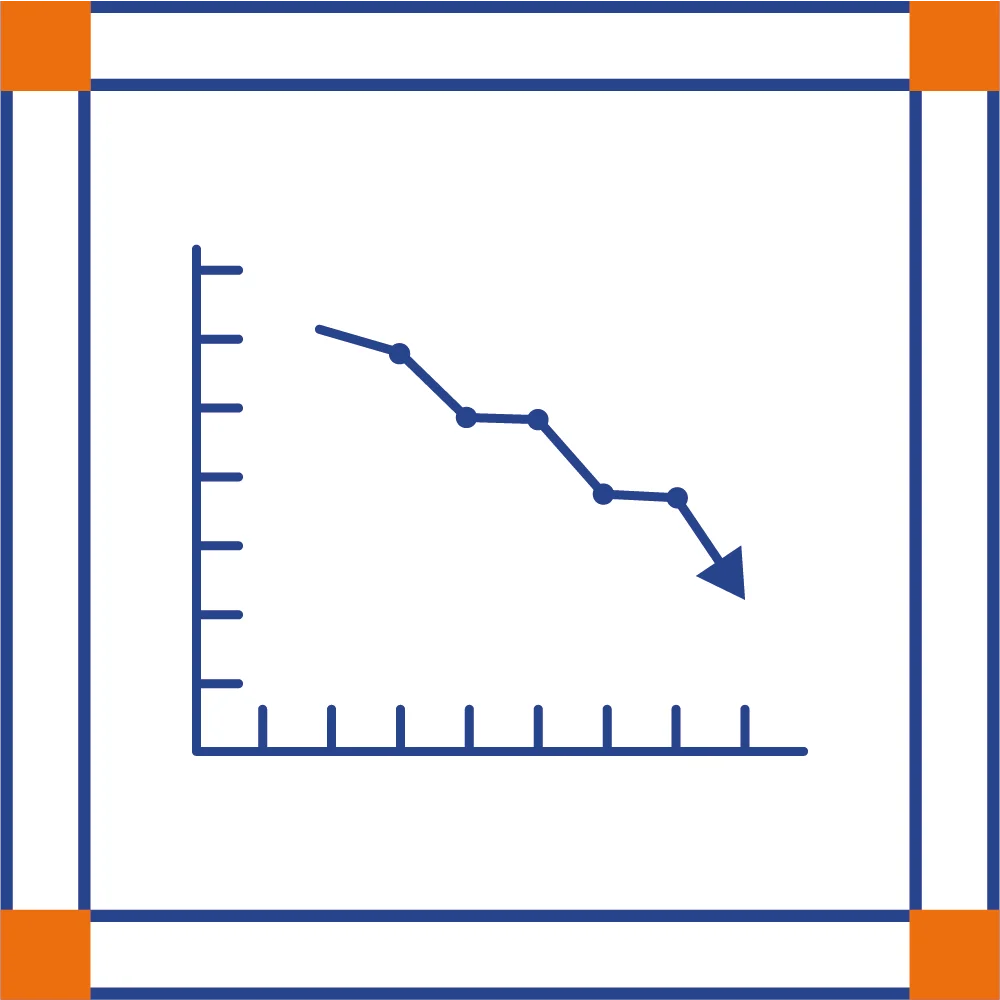 A blue and white line graph showing a downward trend