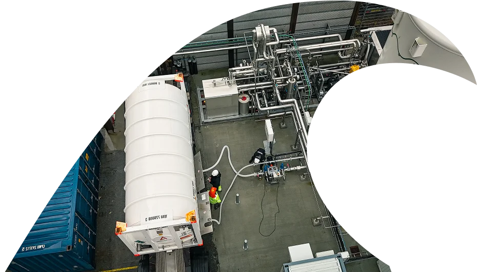 Bofort wave logo with aerial shot of ISO Tank being filled