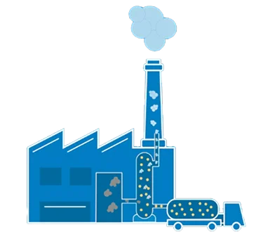 A blue illustration of carbon capture in an industrial building