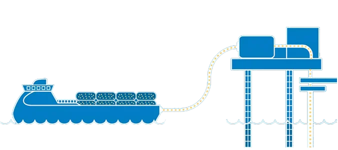 A blue illustration of carbon transfer from cargo ship to an underground storage facility