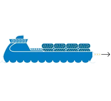 A blue illustration of a cargo ship transporting carbon tanks