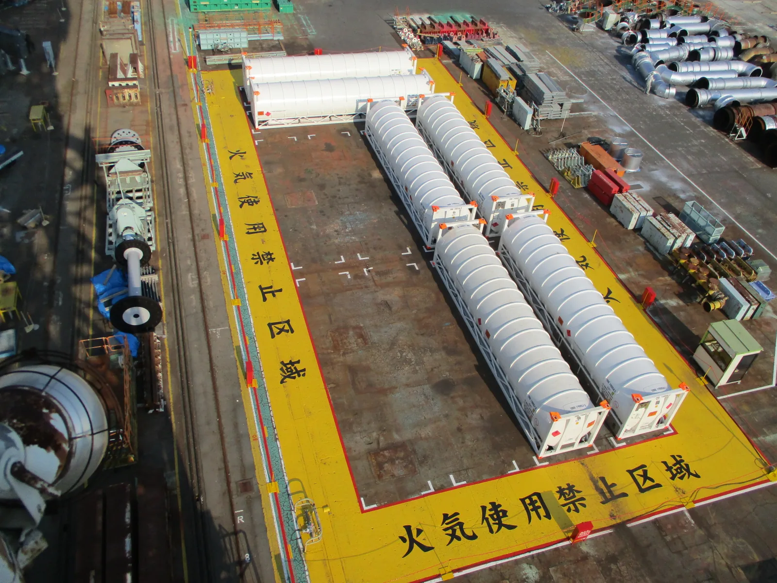 Bofort 40 ft cryogenic ISO tank containers in a storage yard