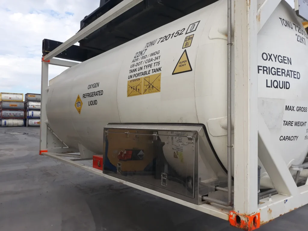 Bofort 20 ft cryogenic ISO tank for oxygen, refrigerated liquid, on a container stacker