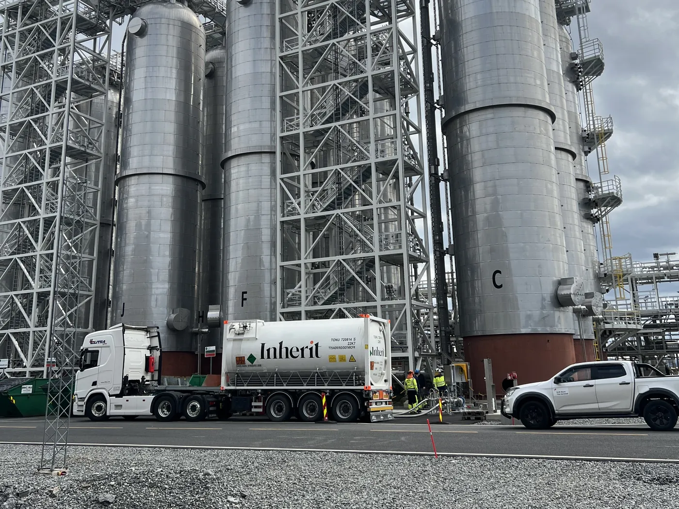 Bofort liquid CO2 ISO tank container for Inherit Carbon Solutions discharging captured CO2 at the Northern Lights terminal in Øygarden, Norway