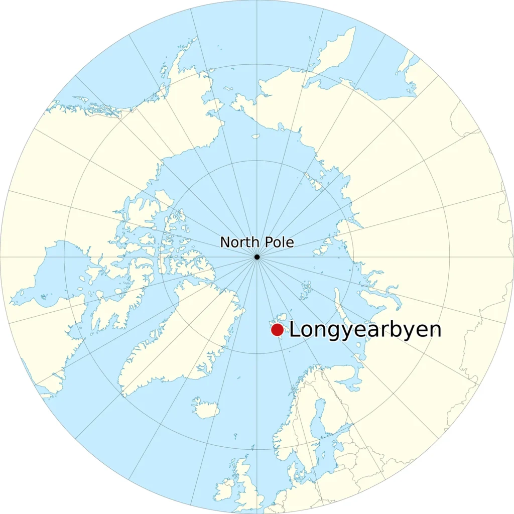 Map of the Arctic showing Longyearbyen on Svalbard and the North Pole