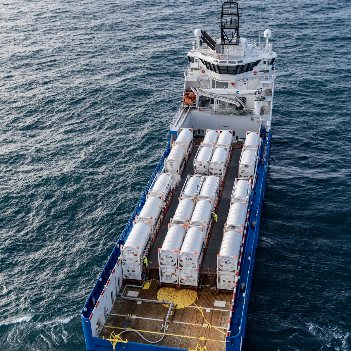 Supply vessel carrying Bofort liquid CO2 ISO tank containers in the North Sea